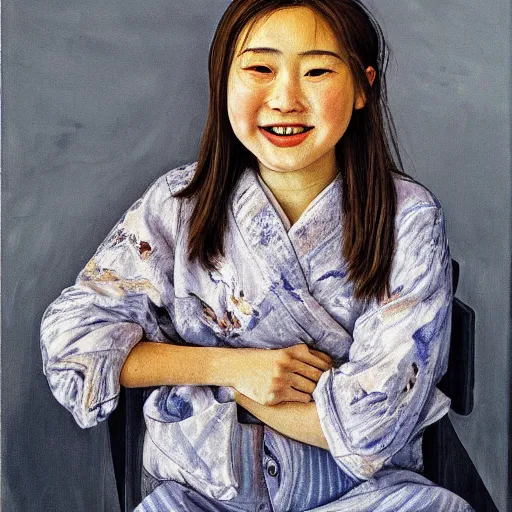 Image similar to high quality high detail painting by lucian freud, hd, smiling cute japanese girl portrait, photorealistic lighting