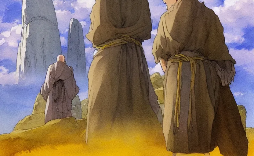 Image similar to a hyperrealist anime watercolor fantasy concept art of a giant monk with a grey robe and a small grey alien with a yellow robe in stonehenge on a misty night. several immense stones are floating in the air. by rebecca guay, michael kaluta, charles vess