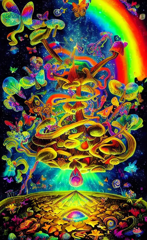 Prompt: psychedelic mushrooms, enchanted alien world, mushrooms on the ground, aliens, galaxy in the sky, butterflies, occult, illuminati, third eye, rainbows, bright colors, psychedelic, vector art, honeycomb, dripping, fire, fantasy poster by helen huang and frank frazetta and salvador dali and norman rockwell, anime style