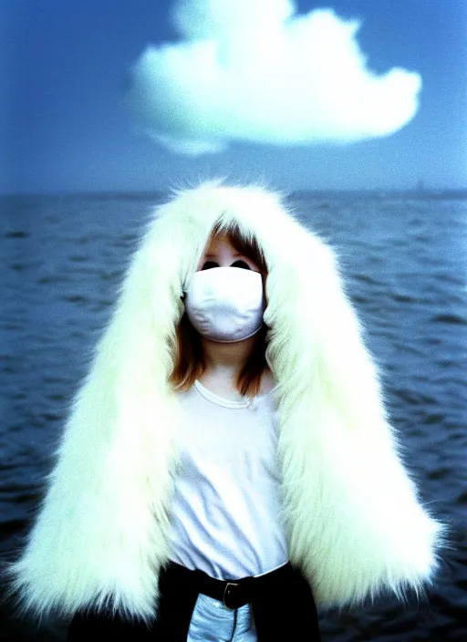 Prompt: realistic photo portrait of the common girl wearing white shorts, dressed in white long fur coat, face is covered with a blank mask, there is a cloud in the middle 1 9 9 0, life magazine reportage photo