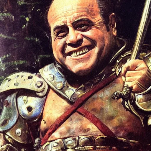 Prompt: portrait of danny devito wearing armor and holding sword by frank fazetta, fantasy, barbarian