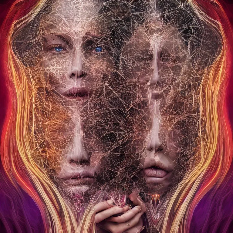 Prompt: An epic photo illustration of female symmetrical portrait by Michael Sydney Moore, Alex Grey, Irakli Nadar, hyper detailed, one face in center, multicolored, 50mm, award winning photography