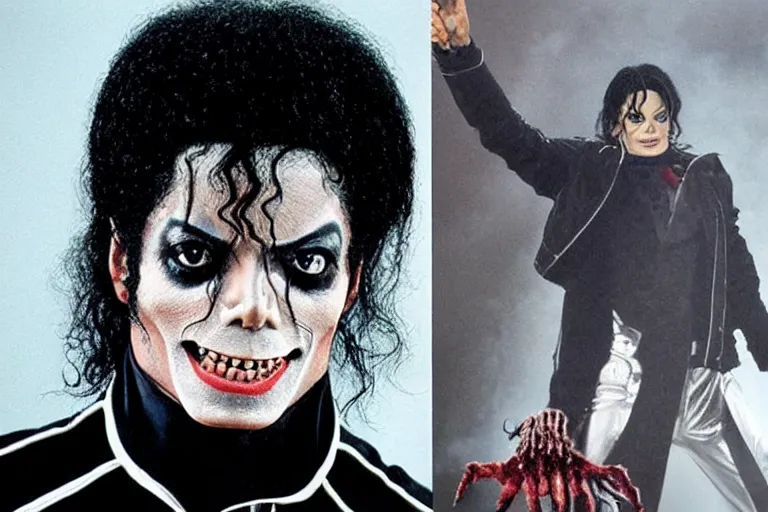 Prompt: Michael Jackson as the monster in a horror movie