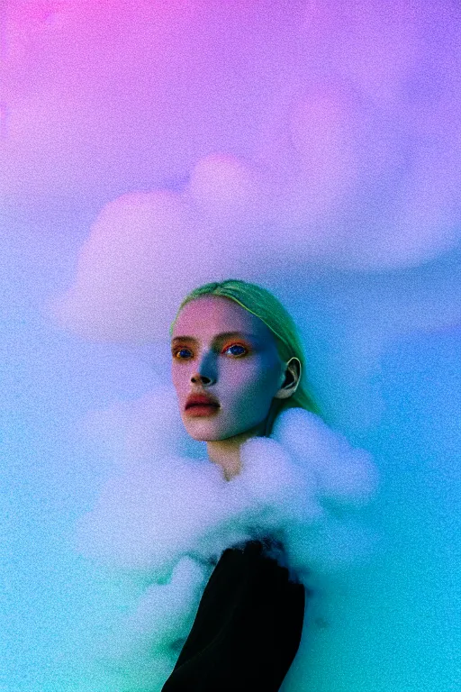 Image similar to high quality pastel coloured film close up wide angle photograph of a model wearing clothing resting on cloud furniture in a icelandic black rock!! environment in a partially haze filled dreamstate world. three point light, rainbow. photographic production. art directed. pastel colours. volumetric clouds. pastel gradient overlay. waves glitch artefacts. extreme facial clarity. 8 k. filmic.