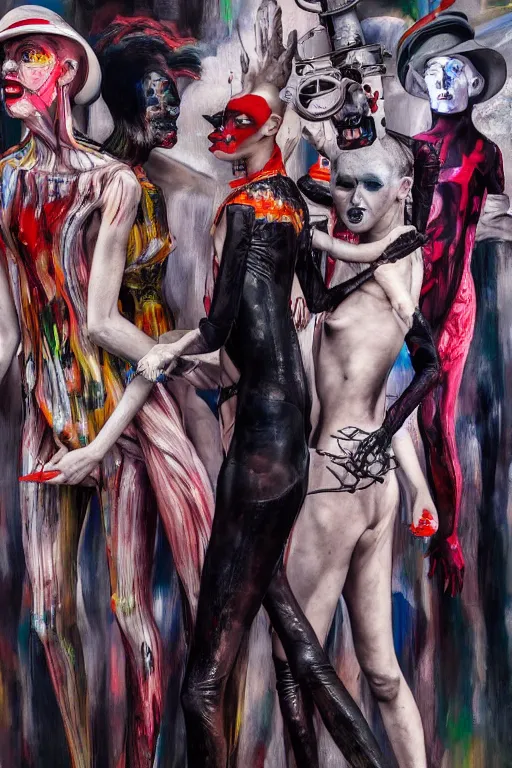 Image similar to crazy fashion catwalk, latex, constructivism, freak show, one model, crazy clothes, biopunk style, horror, hauntingly surreal, highly detailed painting by francis bacon, edward hopper, adrian ghenie, gerhard richter, and james jean 4 k