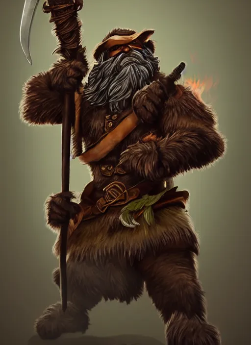 Prompt: bugbear ranger holding a fire sword, exquisite details, black beard, white background, by studio muti