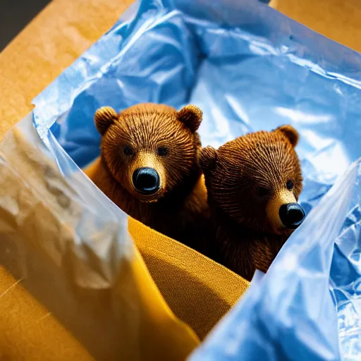 Prompt: macro shot photograph of tiny realistic looking bears inside of a plastic food bag, 4 k, highly detailed