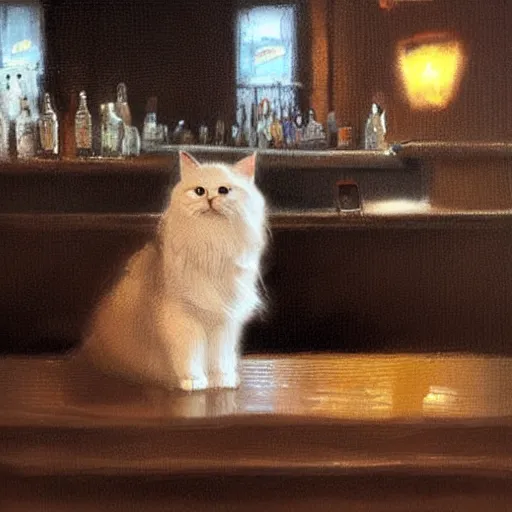 Image similar to of a british longhair cat sitting at the bar next to a beer, by greg rutkowski