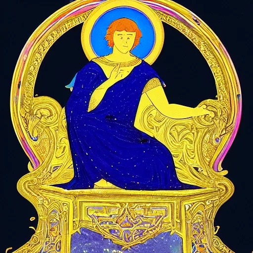 Image similar to what looked like a throne of lapis lazuli, and high above on the throne was a figure like that of a man. waist up, he looks like glowing metal, as if full of fire, and that from there down he looked like fire ; and brilliant light surrounded him. like the appearance of a rainbow in the clouds on a rainy day.