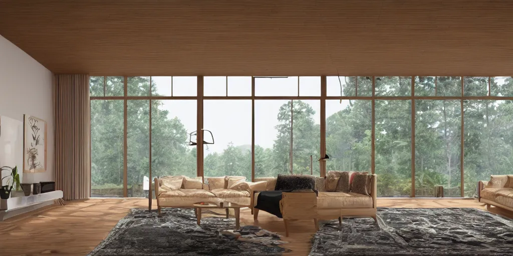 Image similar to a beautiful modern living room with wood floors, large windows with a beautiful view of a forest, an area rug, realistic, hd, 8 k, digital rendering, unreal engine, blender, octane, maya