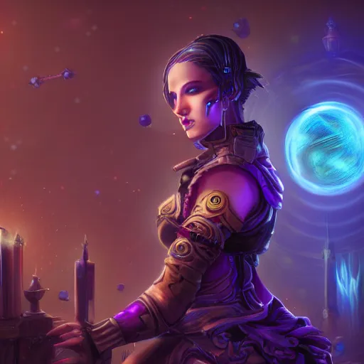Prompt: Path of Exile, Maven, female image with purple hair among colourful lights, dark blue spheres fly around, Anachronism, painting, dark fantasy, steampunk, 4k,
