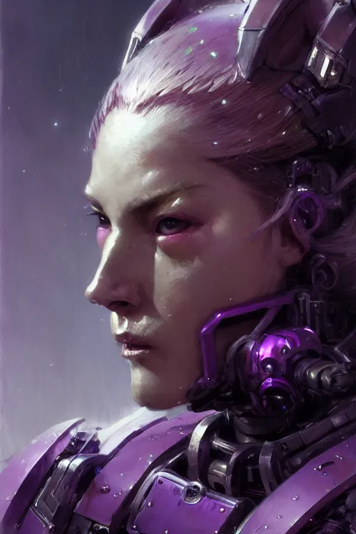 Prompt: extreme close up, facial portrait, woman with a long black ponytail in purple sci - fi armor, kitsune inspired armor, mechanical armor, cybernetic hands, stoic, grim dark, moody, portrait dnd, painting by gaston bussiere, craig mullins, greg rutkowski, yoji shinkawa