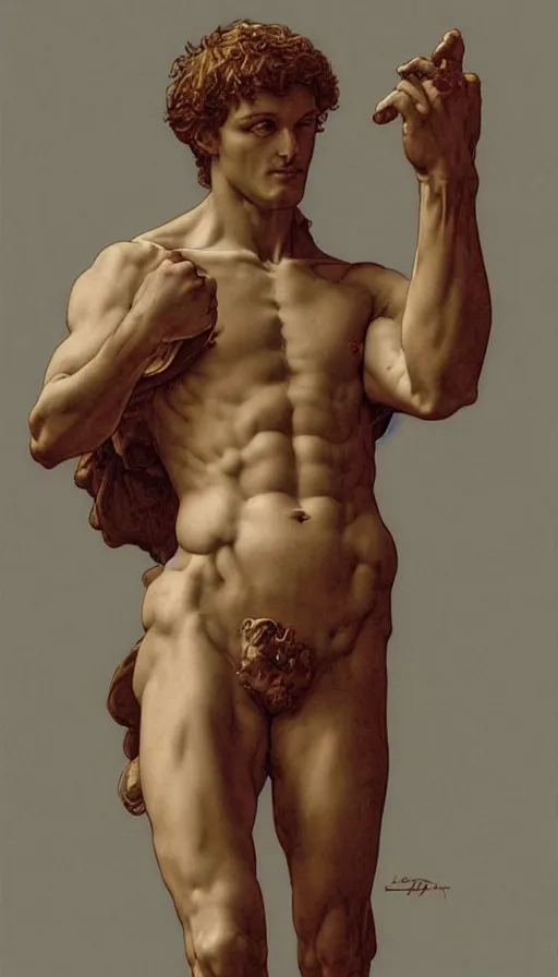 Image similar to Michelangelo\'s David, highly detailed, digital painting, artstation, concept art, smooth, sharp focus, illustration, ArtStation, art by artgerm and greg rutkowski and alphonse mucha and J. C. Leyendecker and Edmund Blair Leighton and Katsuhiro Otomo and Geof Darrow and Phil hale and Ashley wood and Ilya repin and Charlie Bowater