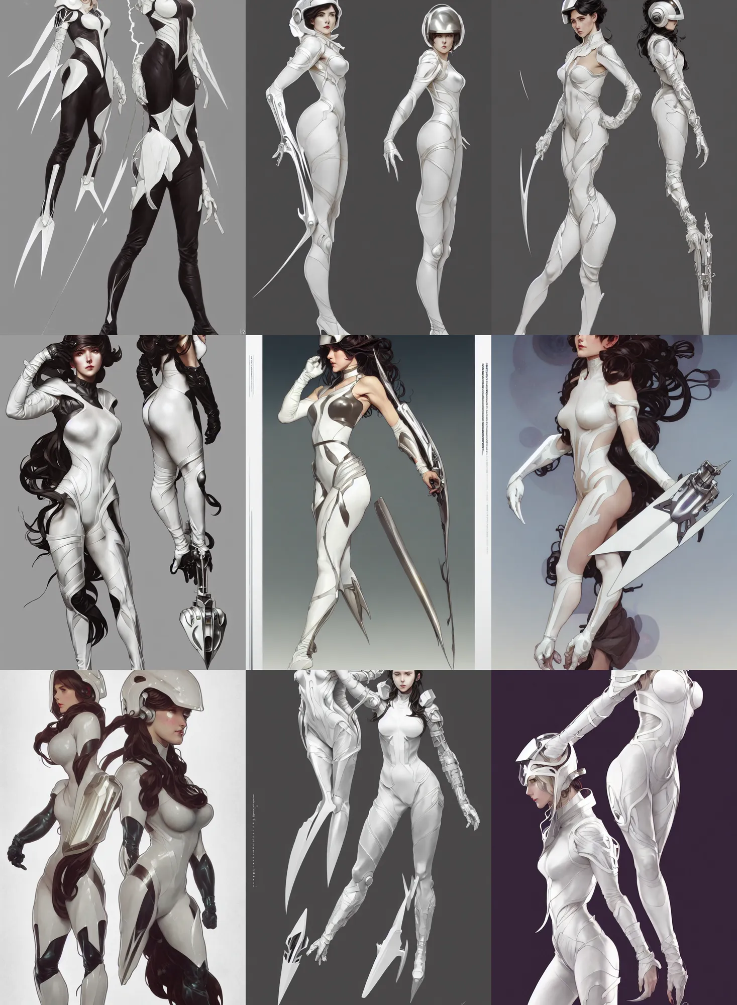 Image similar to a full body character design by artgerm, cushart krenz, greg rutkowski and alphonse mucha. sci - fi dagger. white tape project show attctive showgirl!! full body with helmet!! sharp edge. ultra clear detailed. contour light effect!! 8 k. stage light. ultra detailed, elegant, intricate, octane render.