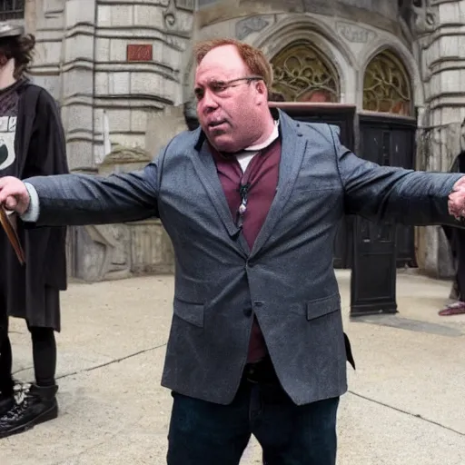 Image similar to photo of alex jones cosplaying harry potter.