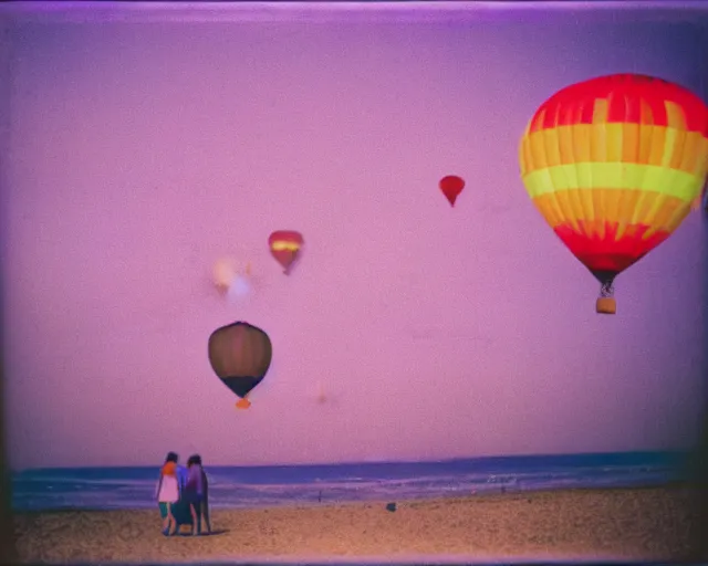Prompt: a couple walks on the beach, thousands of multicolored hot air balloons floats over the beach at violet and yellow sunset, whimsical and psychedelic art style, 1 9 6 0 s, polaroid photo, grainy, expired film, glitched