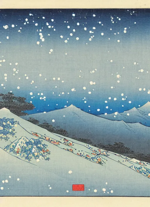 Image similar to blue roses on a mountain melting into the sky with stars of utagawa hiroshige