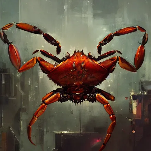 Prompt: terrifying cybernetic crab painted by Jeremy Mann. Trending on artstation and pixiv