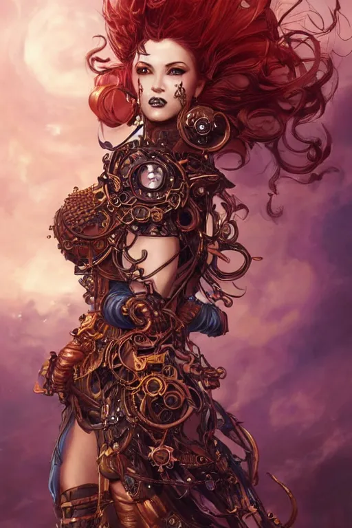 Prompt: front-side portrait sensual Lady Mechanika with ginger wavy hair, Intricate, steampunk imagery themed, D&D!, fantasy style, sharp focus!, ultra detailed, art by Artgerm and Peter Andrew Jones, WLUP