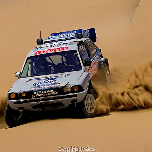 Prompt: grey Honda Civic 2001 jumping over dune desert in the 2003 Dakar rally. Many spectators watch large crowd. stock 2001 Honda civic with rusted panels old. Cannon Photo 45mm wide angle full view un cropped. 720p photo by Jesse Alexander.