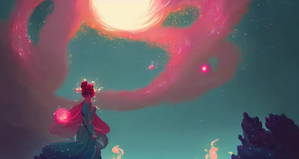 Image similar to a source of light surrounded with spiriling sparkling rose crystals and galaxies, by peter mohrbacher, hyper light drifter color pallet, ukiyo - e trending on artstation