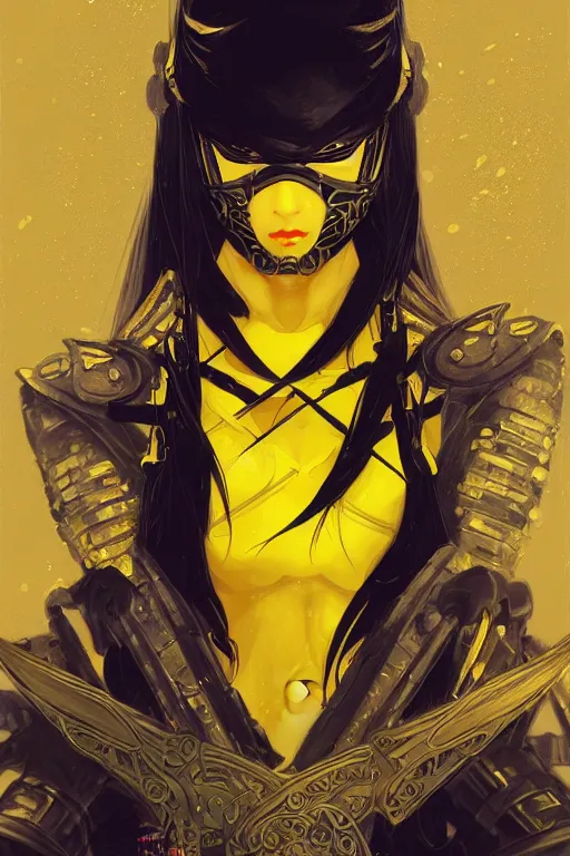 Image similar to portrait Ninja gaiden girl, armored black and yellow ninja wardrobe, in ruin japanese rainny temple night, ssci-fi and fantasy, intricate and very very beautiful and elegant, highly detailed, digital painting, artstation, concept art, smooth and sharp focus, illustration, art by tian zi and WLOP and alphonse mucha