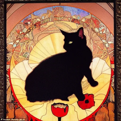 Prompt: a masterpiece painting by mucha exposed at the louvre : a black cat cuddling a racoon in a poppy field with a red sunset in the background