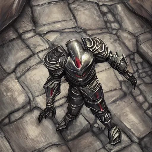 Prompt: !dream a giant suit of armor laying defeated on a stone floor, bleeding, fantasy, concept art, dramatic, action shot, hyper realistic, top-down, birds eye view, distant