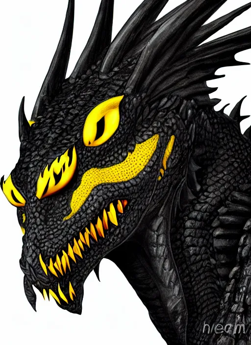 Image similar to closeup portrait of black dragon head with yellow eyes, ultra realistic, fantasy, magic, dnd,