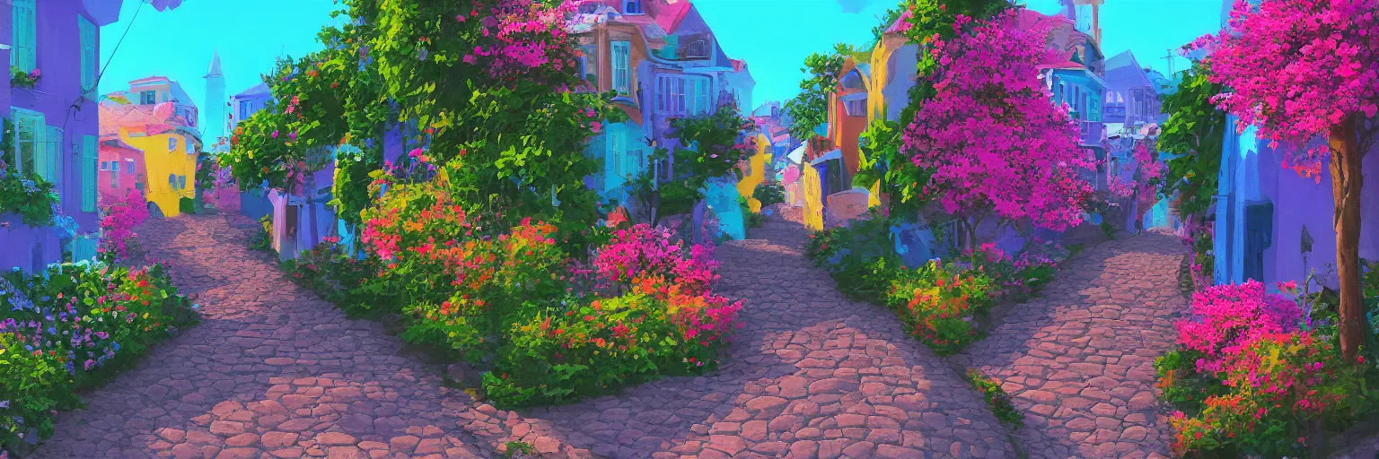 Prompt: a lonely cobblestone street with flowers on a hill with colorful houses near the beach and the sea, brightly illuminated by rays of sun, artstation, colorful sylvain sarrailh illustration, multiple point perspective