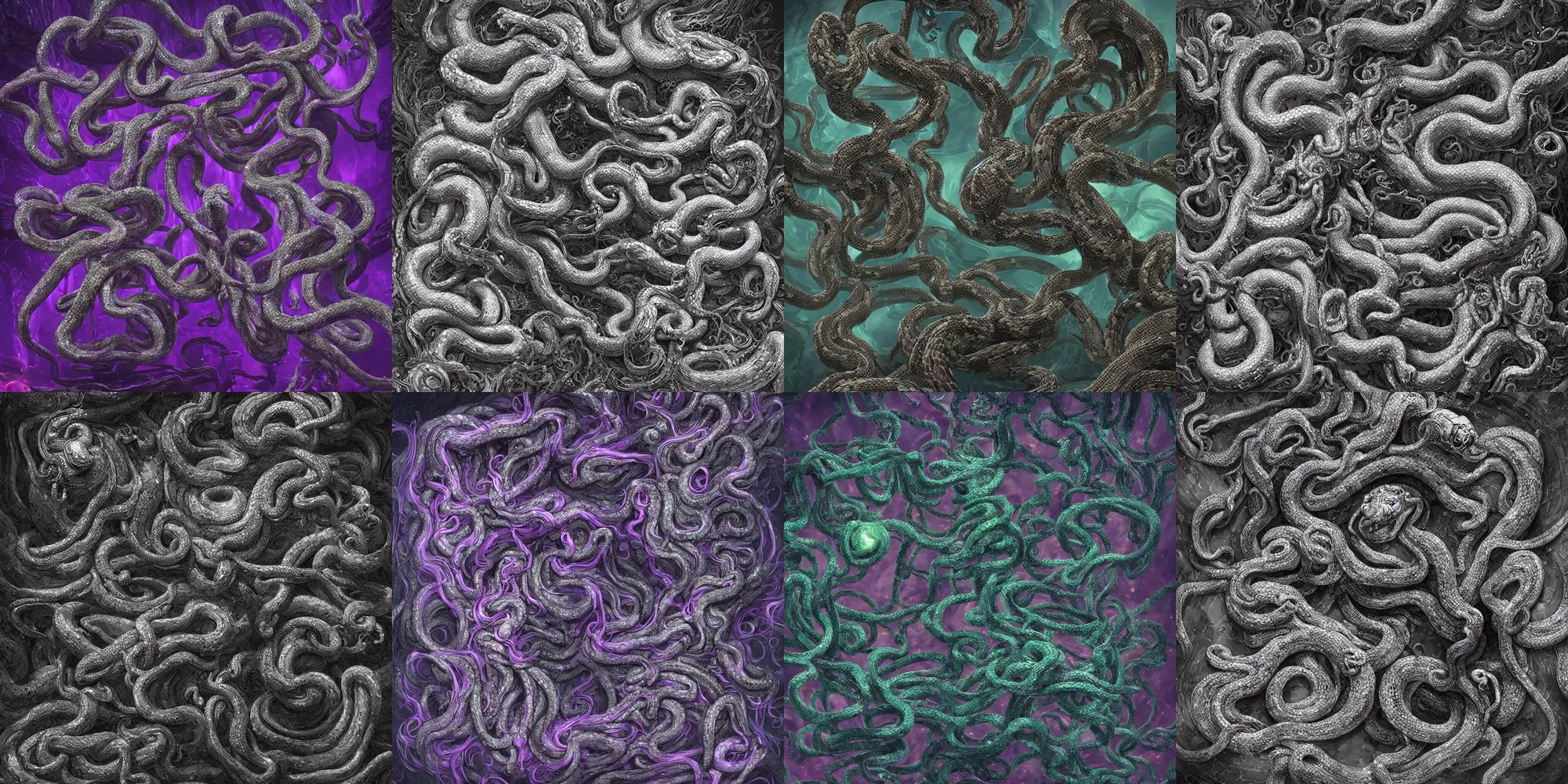 Image similar to beautiful medusa gorgon highly detailed snakes, cosmic horror, abstract, ghostly, arcade, duotone, poltergeist, epic lighting, intricate, elegant, highly detailed, smooth, sharp focus, photo real, ultra realistic, unreal engine 5, raytracing, in the style of beeple and mike winkelmann, ultraviolet colors,