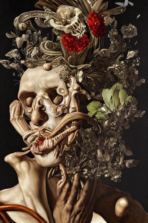 Image similar to Detailed maximalist portrait a Greek god with large lips and with large white eyes, exasperated expression, fight pose, fleshy skeletal, botany, HD mixed media 3d collage, highly detailed and intricate, surreal illustration in the style of Caravaggio, dark art, baroque