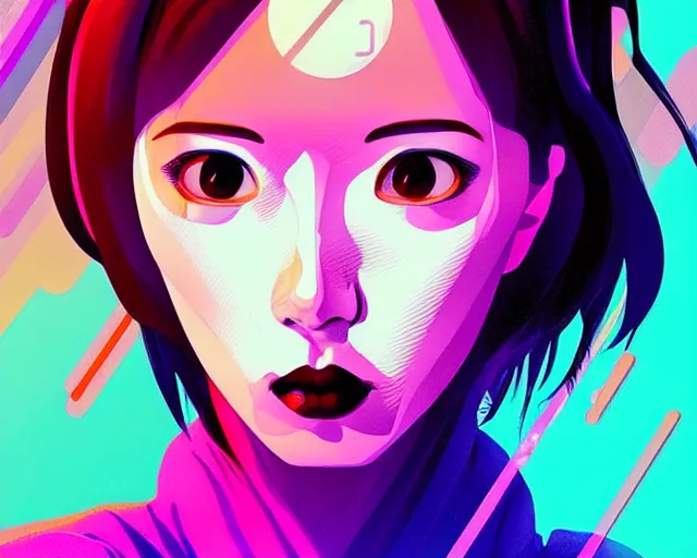 Prompt: beautiful portrait of momo from twice as a sci fi woman, with chaotic vaporwave aesthetic, concept art by james gilleard, wlop, artstation, cgsociety, synchromism, 8 0 s animation flat cell shaded. with thick black pencil lines - h 7 6 8