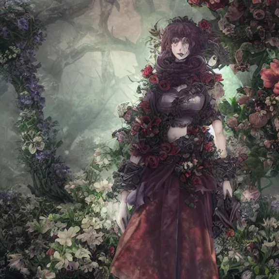 Image similar to goth christina hendricks and flowers, tankoban, 4 k, tone mapping, akihiko yoshida, james jean andrei riabovitchev marc simonetti, yoshitaka amano, long hair, curly, h. hydrochaeri