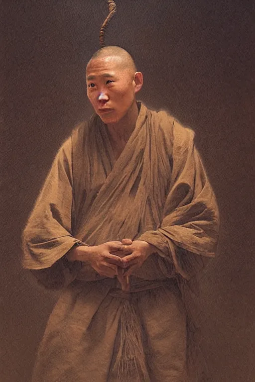 Prompt: komuso monk wearing a straw basket on his head, atmospheric lighting, by greg rutkowski, intricate details, highly detailed