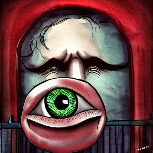 Image similar to the man in the window won’t stop staring, large eyes, wide grin, digital art, horror frightening