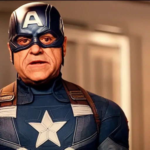 Prompt: film still it Danny Devito as captain America in the new marvel movie