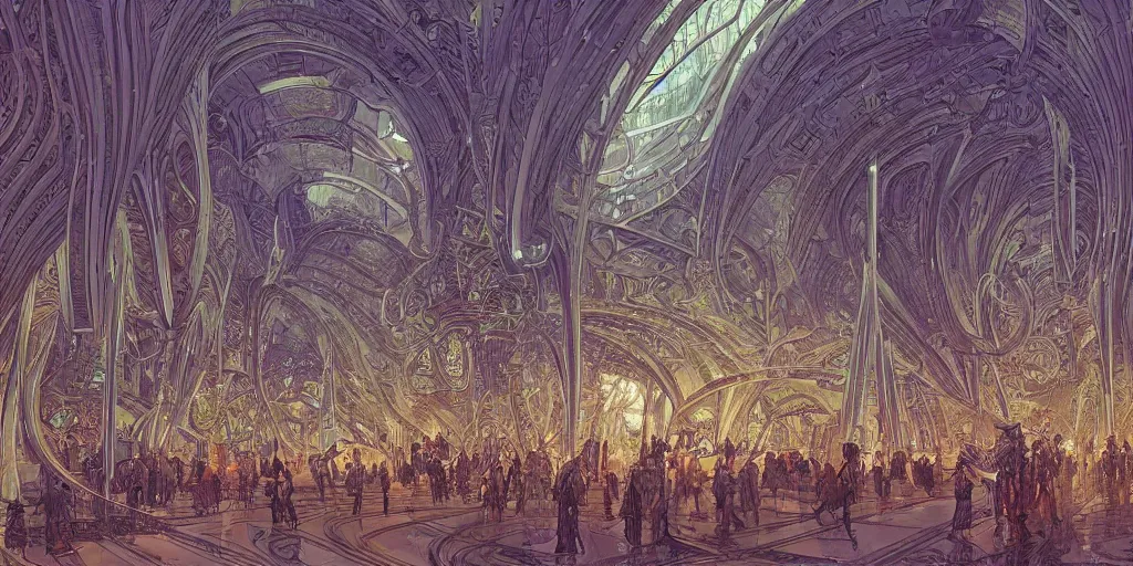 Prompt: the interior of a scifi space station with ornate elven architecture bustling with people by jean giraud moebius, crystalline, emerald, highly detailed matte illustration by moebius, clean lines, sharp focus, intricate, elegant