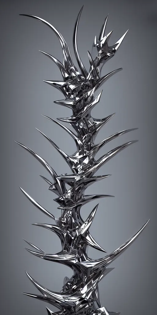 Image similar to 3 d photographic render of a chrome neotribal thorns and thunders sculpture, raytracing, hyper realistic, volumetric lightning, 8 k, by zhelong xu and ouchh studio