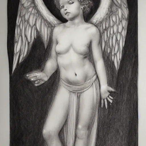 Image similar to a detailed charcoal and graphite drawing of an angel by claude weißbuch, detailed