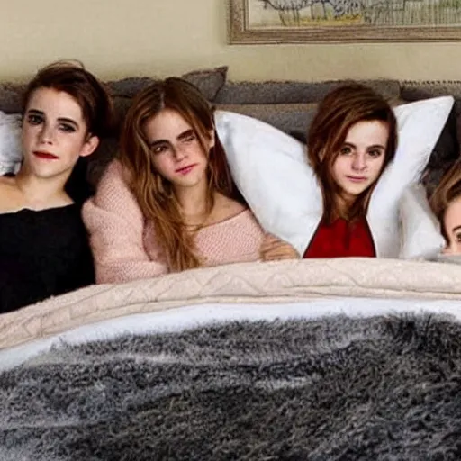 Image similar to emma watson and her friends sleeping in a bunch of cozy beds