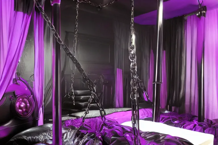 Prompt: tall ceilings, purple leather dungeon bedroom, goth club, blade runner 2 0 4 9, chrome dance pole, tight leather straps latex, whips, floggers, chains, handcuffs king size canopy bed, interior set cinematic lighting,