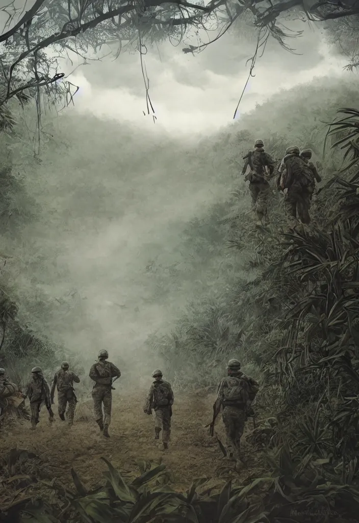 Image similar to handmade illustration of an epic and dramatic Vietnam war scene with a few american soldiers walking, the jungle at the background, some mist grey smoke and fire, blue sky with dramatic clouds, line art, ink, ol on canvas by Kilian Eng and by Jake Parker, heavy brushstrokes, winning-award masterpiece, fantastic, octane render, 8K HD Resolution, High quality image