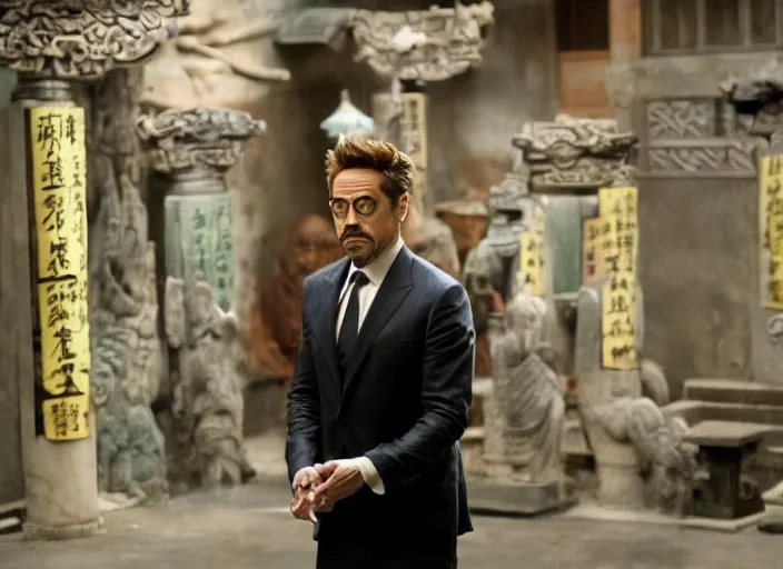 Image similar to film still of Robert Downey Jr as Cobb in an ancient chinese temple in Inception, 4k