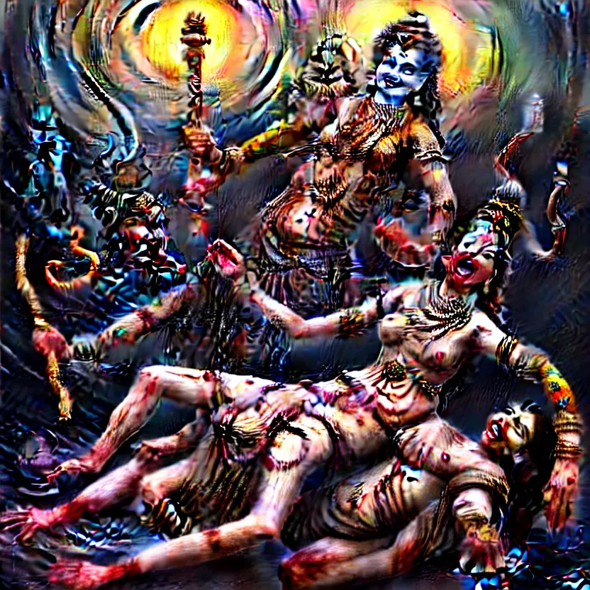 Image similar to kali with her tongue sticking out standing over the corpse of shiva, digital art, hyperrealistic nightmare scene, supernatural, highly detailed, creepy, terrifying