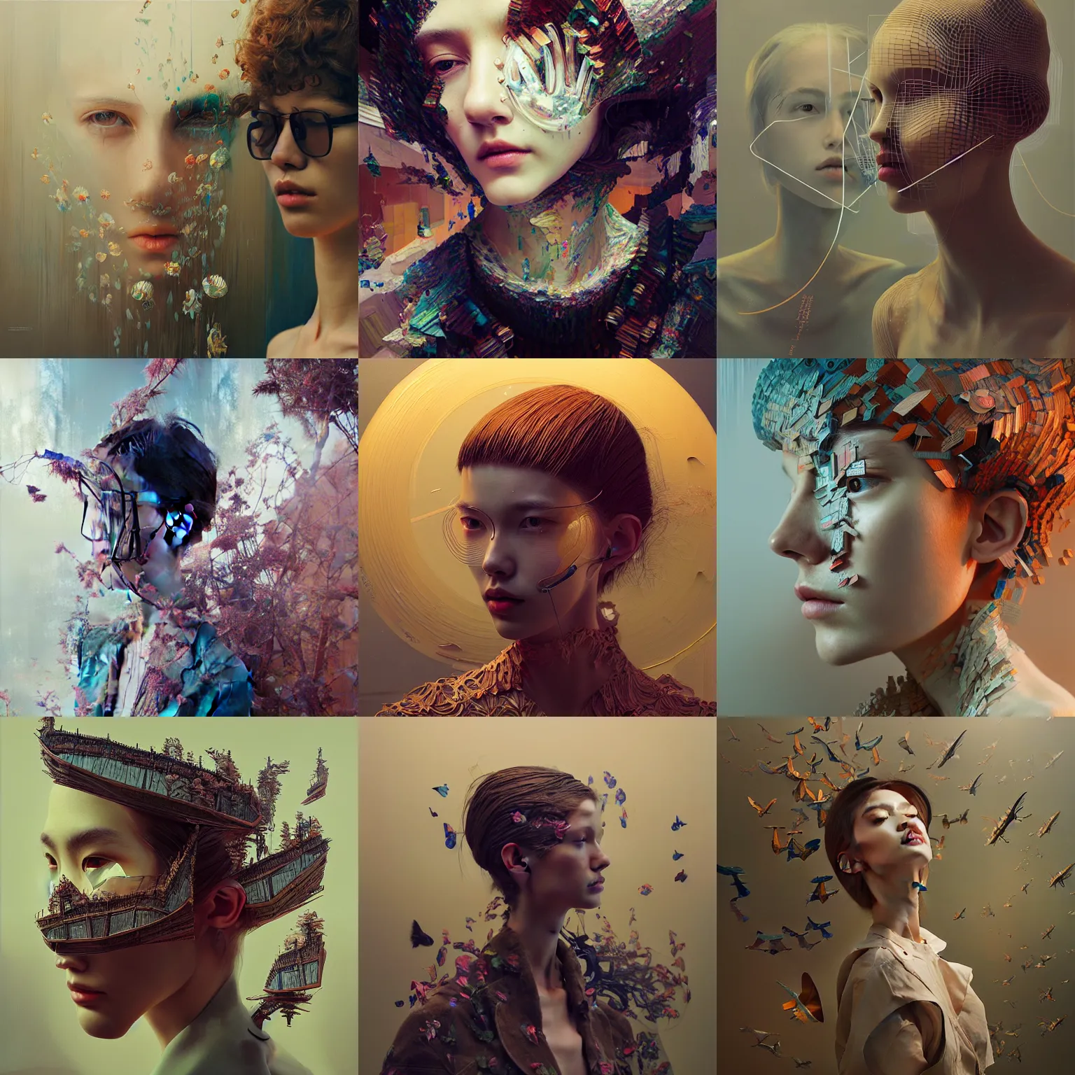 Prompt: 3 d, fashion models looks into the frame, intricate oil painting, hyper detail, figurative art, multiple exposure, poster art, 3 d, by tooth wu and wlop and beeple
