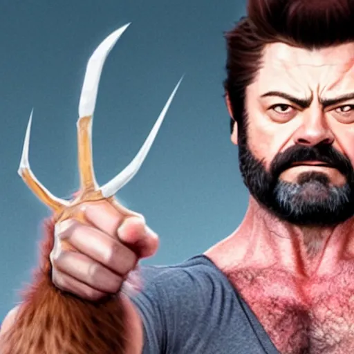 Image similar to logan wolverine pictured as nick offerman with 3 identical claws released off his wrist, photorealistic marvel movie still, detailed, 8 k, digital art