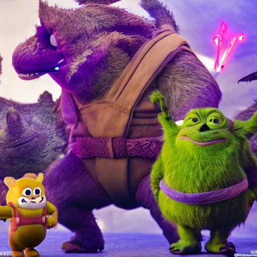 Prompt: ryan reynolds godzilla yoda donkey kong pikachu yeti shrek super mario homer groot waluigi darth vader mike wazowski, highly detailed, extremely high quality, hd, 4 k, 8 k, professional photographer, 4 0 mp, lifelike, top - rated, award winning, cinematic, realistic, detailed lighting, detailed shadows, sharp, no blur, edited, corrected, trending