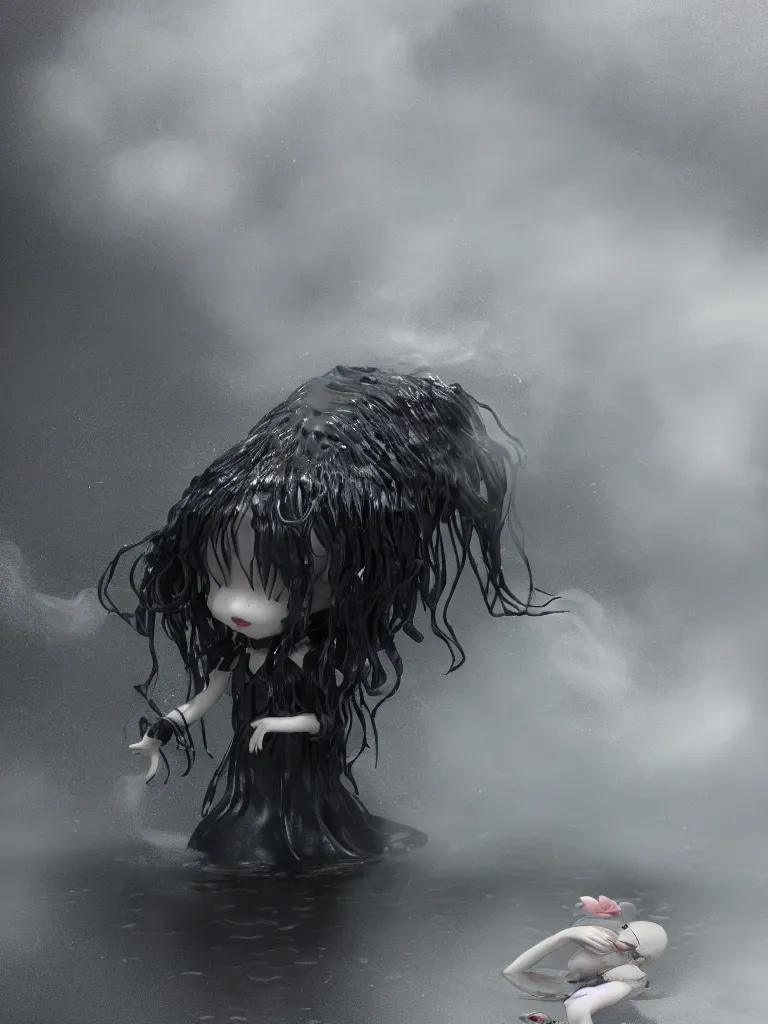 Prompt: cute fumo plush of a cursed frail witch girl sinking deep into an inky black reflective pond of blackness swirling with strange energetic fluid, melting volumetric smoke and fog, environment map pbr reflective water, goth, vignette, vray