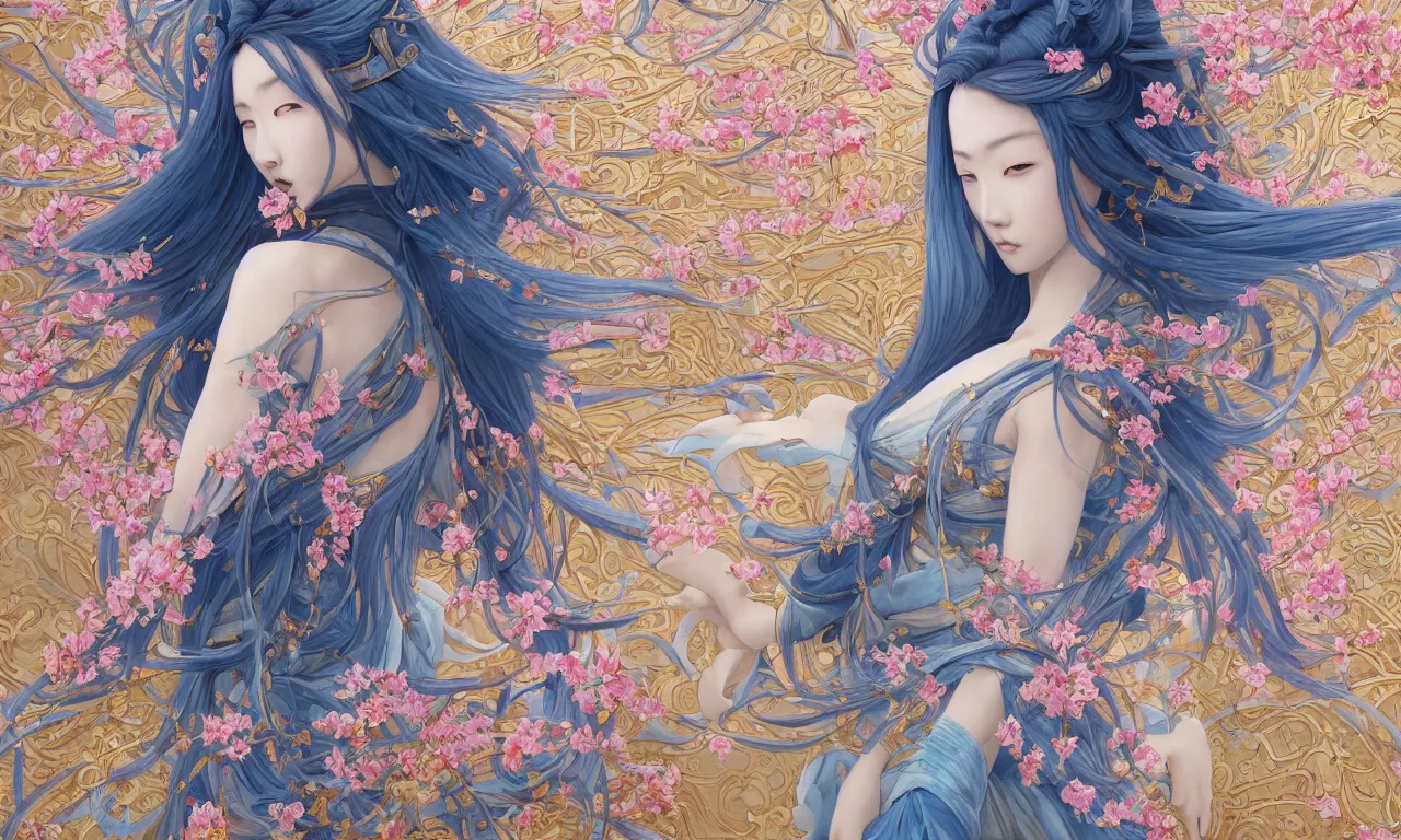 Prompt: breathtaking detailed painting by pilyeon and yuumei art, a full shot samurai queen with long flowing bright blue hair, gauze dress and pastel flowers petals and golden tumultuous clouds, symmetrical facial features, at dawn in front of a pristine golden art nouveau cathedral, elegant, highly detailed, artstation, concept art, matte, sharp focus,